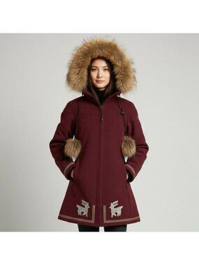 Koko & Gaston Burgundy Wool Blend Fur Trim Parka - Small 🇨🇦